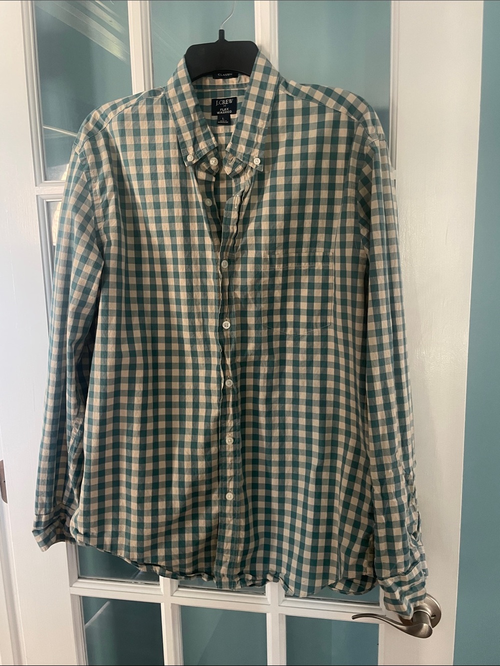 J. Crew Teal and White Gingham Button-Down Shirt